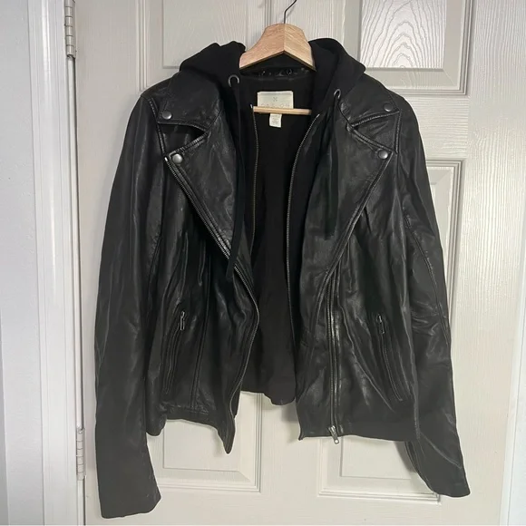 Caslon Black Leather Moto Jacket Women Large Removable Hood - Picture 11 of 16